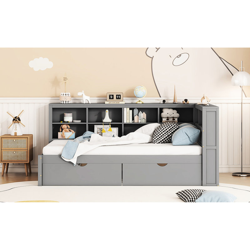 Grey Color Twin Size Wooden Daybed With 2 Drawers, Storage Shelf And Charging, High - Quality Pine Wood Frame, 10 Slats, Gray