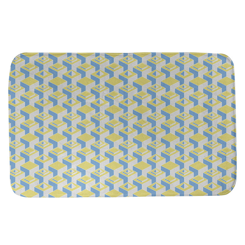 Tapis de bain géométrique antidérapant à motif de gratte-ciels, l 21 po x L 34 po, Bleu sarcelle / jaune / bleu