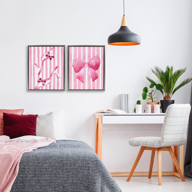 Ensemble de 2 cadres flottants féminins Chic Bows Pink Stripes, design par Camila Juncos, H 21 po x l 17 po