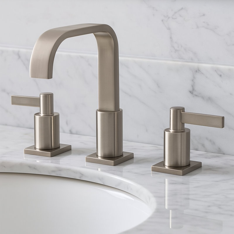 Juno Brushed Nickel Widespread Bathroom Faucet – Dual Handle Deck Mount Design