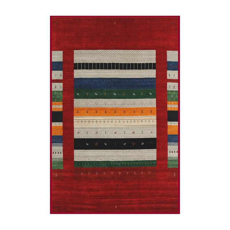 Tapis contemporain gris / rouge / vert, Rectangle 2 pi x 5 pi