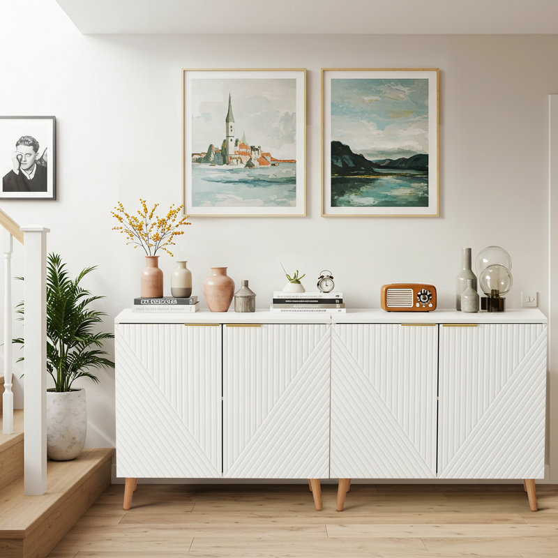 Buffet cannelé avec tablettes réglables et armoire d'appoint multifonctionnelle en bois avec portes, rangement pour buffet