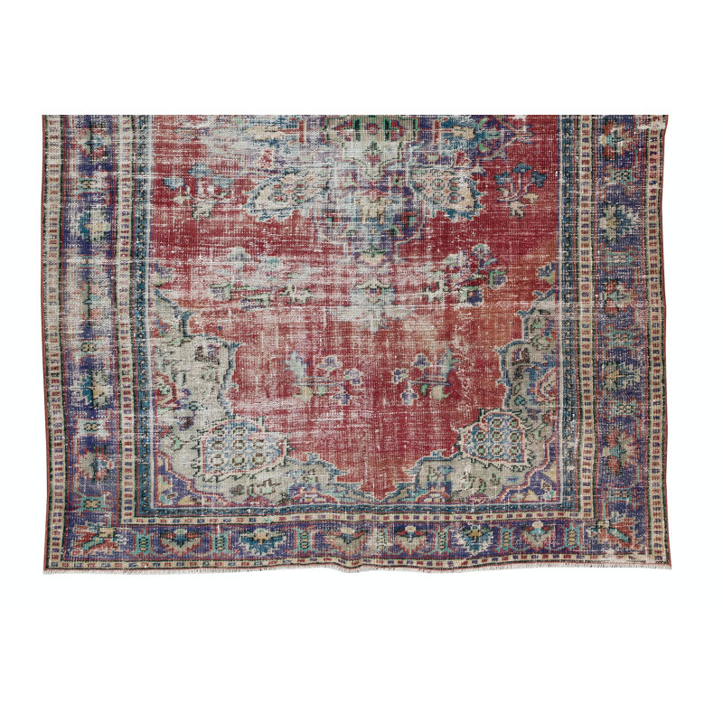 Tapis turc rétro noué à la main avec motif de médaillon, revêtement de sol vieilli