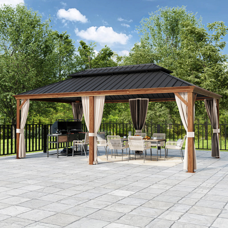 17.8 FT.W × 11.9 FT.D Outdoor 2-Tier Steel Hard Top Patio Gazebo with Total Mesh Protection, Wood Grain