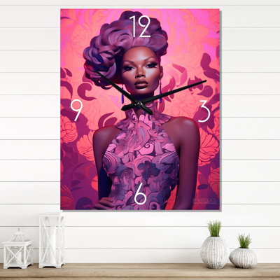 Horloge murale moderne rétro glamour en magenta rose III - femme afro-américaine
