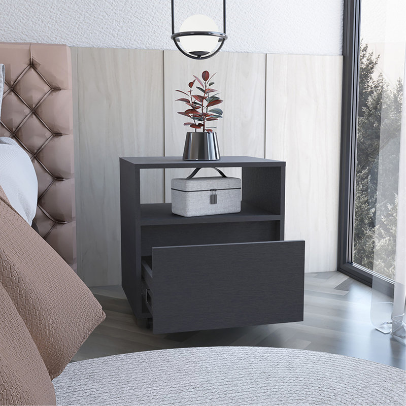 Nightstand Munyochi, One Drawer, Black Wengue Finish, Black