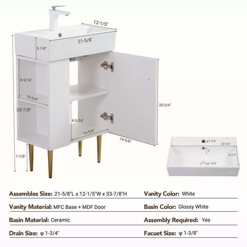 Bathroom Vanity with Ceramic Sink and Open Shelf on the Left Side, White