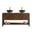 Meuble-lavabo de salle de bain INDIGO 60 po, armoire de rangement autoportante en contreplaqué avec 4 portes diagonales et tablette ouverte, 2 lavabos en céramique à motif de pierre noire et plateau en pierre frittée blanc de Carrare, grain de bois noyer foncé-131095733