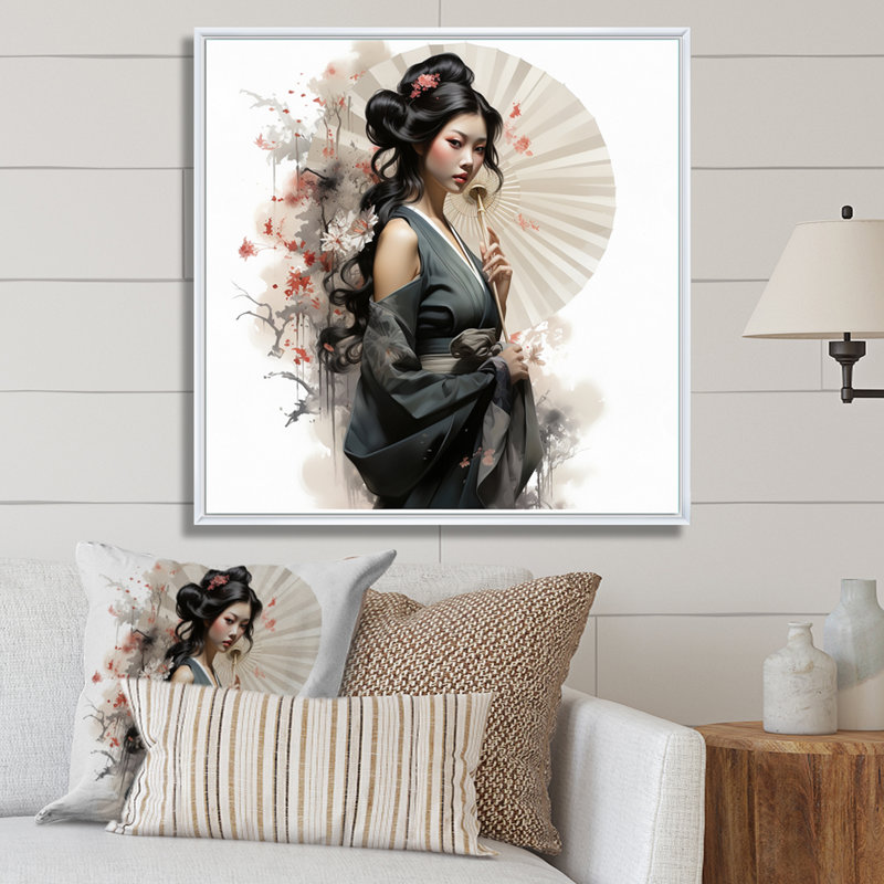 «Asian Art Geishas Grace VI», reproduction sur toile tendue, H 16 po x l 16 po, Cadre flottant blanc