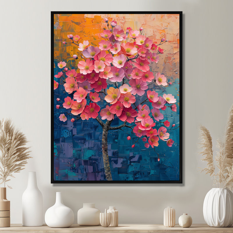  «Cherry Blossom Tree III» - Décoration murale cerisier en fleurs, H 12 po x l 20 po x P 1 po, Toile avec cadre flottant noir