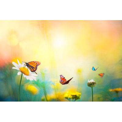 Flowers With Butterflies by Borchee - Wrapped Canvas Print