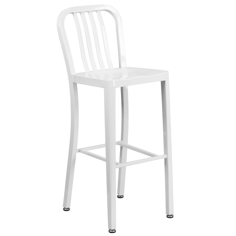 Commercial Grade Metal Indoor-Outdoor Stool with Vertical Slat Back, White, Bar Stool (76cm Seat Height)