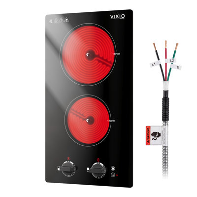VIKIO 12 Inch.Electric Ceramic Glass Cooktop With 2 Elements,Knob Control,ETL/cETL Certified