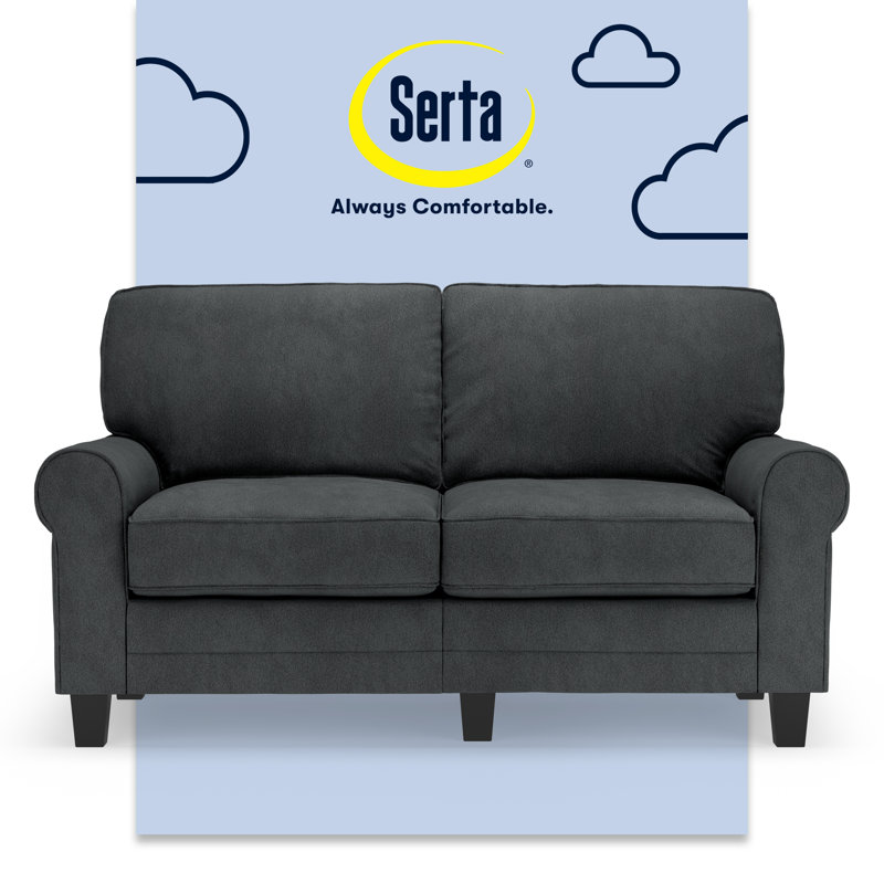 Serta Copenhagen 61" Rolled Arm Sofa, Easy Care Fabric, Soft Pillow Back, Pocket Coil Seat Cushions, Charcoal Microsuede