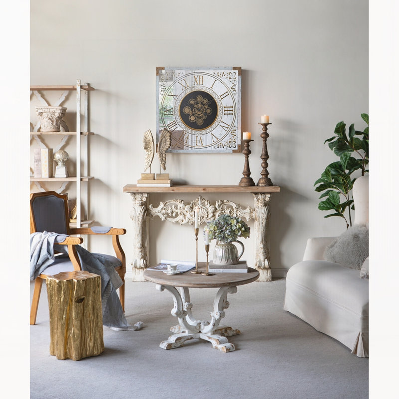 Table basse ronde en bois 31,5 x 31,5 x 18,5 po avec finition blanche patinée et pieds à volutes