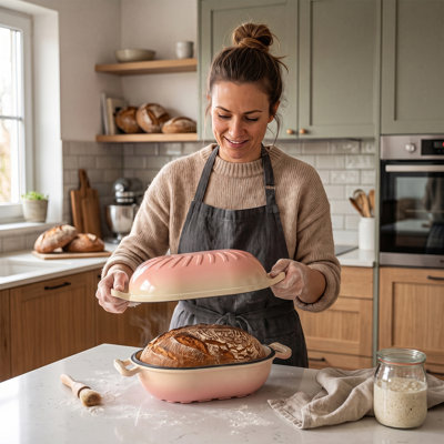 5 qt. Candy‑Shaped Enameled Cast Iron in Pink Oval Bread Baker with Heat‑Resistant Mitts and Pot Mat