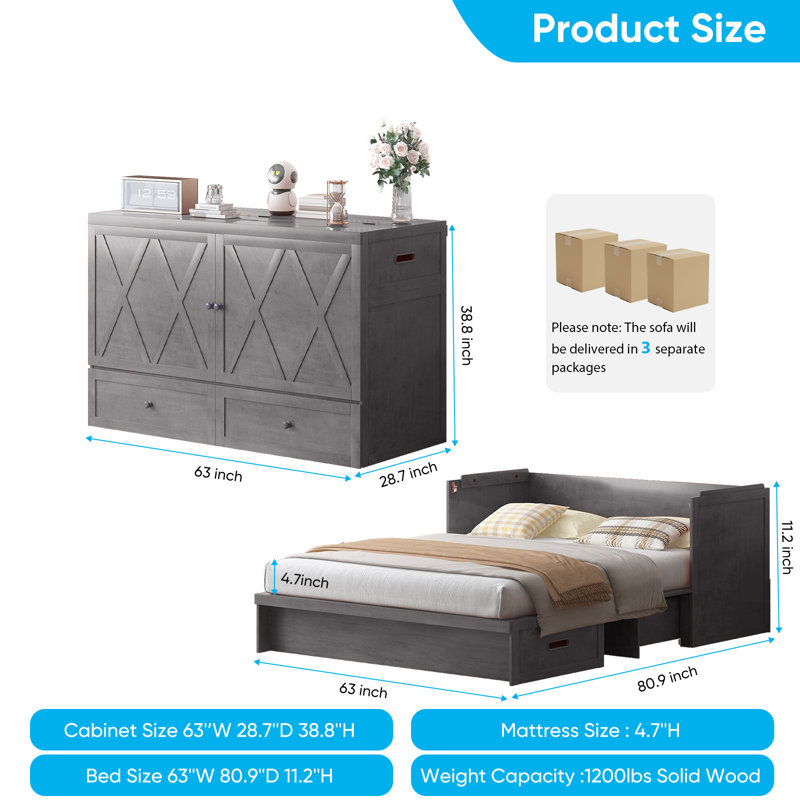Queen Murphy Bed Cabinet With Charging Station, 1200lbs Capacity, Extra Storage & Usb Ports( Mattress Included), Gray