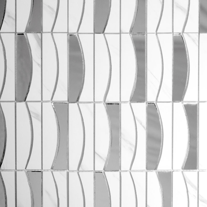 Art Deco Mirrored 3" x 3" Glass Mosaic Tile, Carrara White/Gray