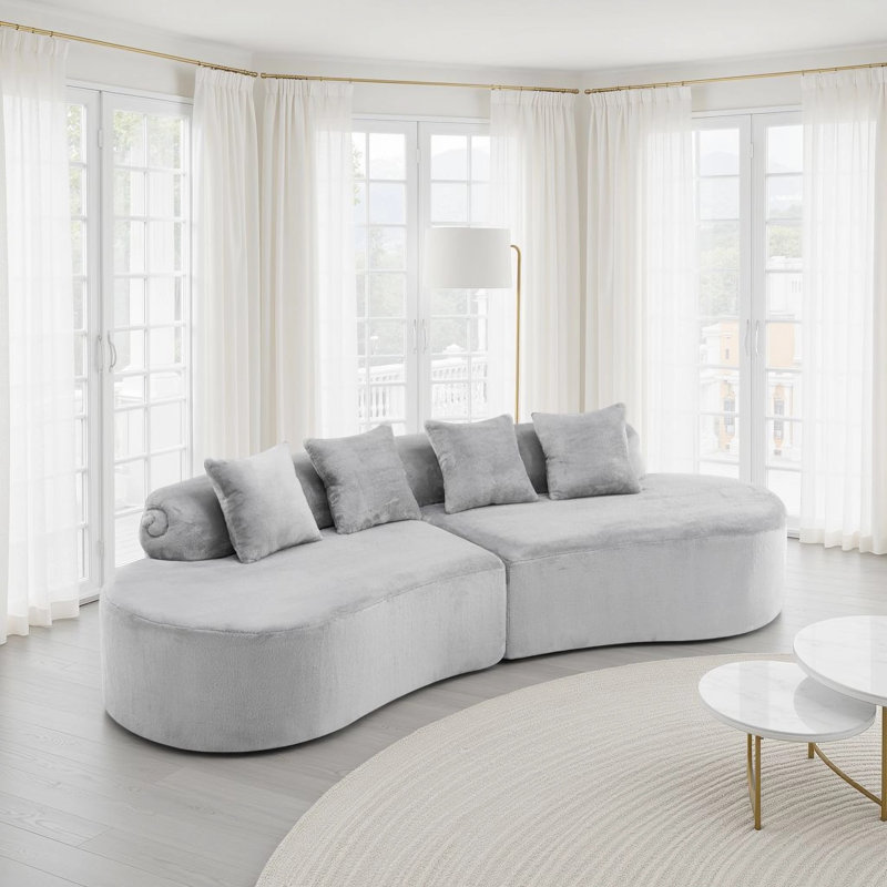 111.4" Modern Flannelette Curved Sectional Sofa, 2-Piece Sofa Couch With 4 Pillows, Light Grey Velvet