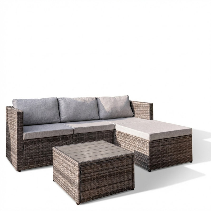 4 Seater Rattan Corner Sofa Garden Set With Polywood Top - Weave, Grey