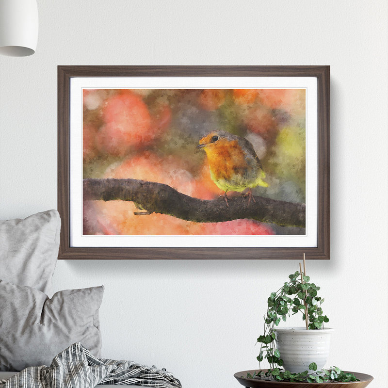 Robin Bird Vol.3 - Picture Frame Painting, Walnut Framed, 27cm H x 36cm W x 2cm D