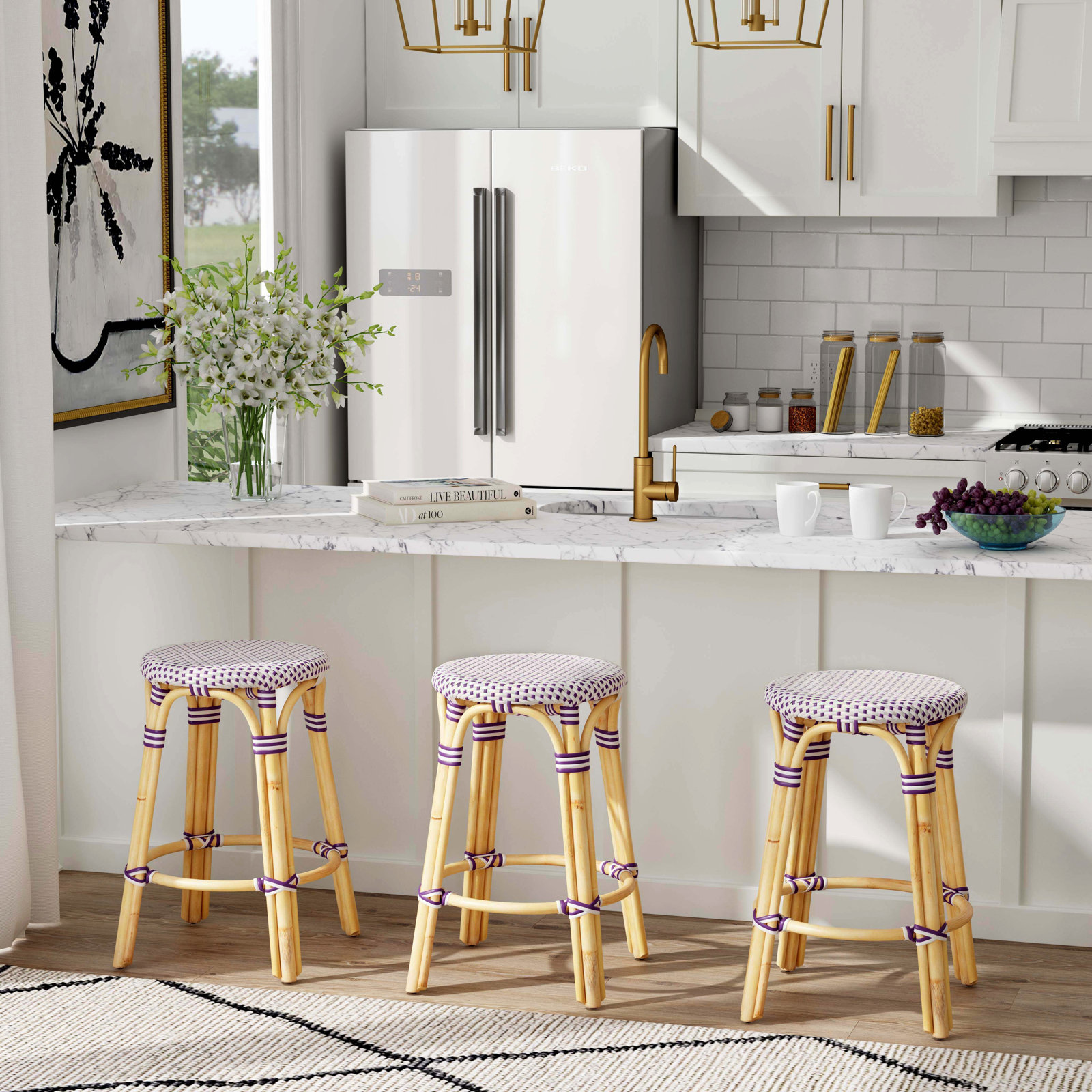 Alastair Bar and Counter Stool, Counter Stool (24" Seat Height), White/Black Dot/Natural Rattan Frame