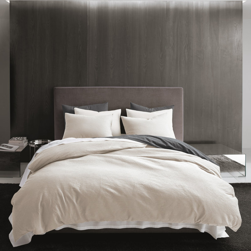 Vera Wang Waffle Pique Cotton Duvet Cover Set, Queen Duvet Cover + 2 Queen Shams, Black
