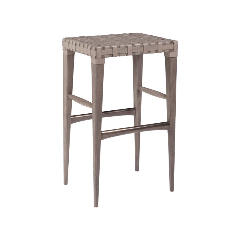 Warm Gray Mahogany and Woven Leather Backless Bar Stool