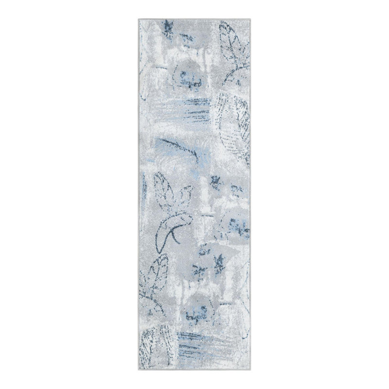 Tapis floral en polyester tissé à la machine en blanc / gris / bleu Lamm, Tapis de couloir 2 pi x 6 pi 1 po