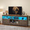 Meuble télé Farmhouse pour téléviseur de 80 po ou moins avec lumières DEL, armoires de rangement, tablettes ouvertes et tablette réglable