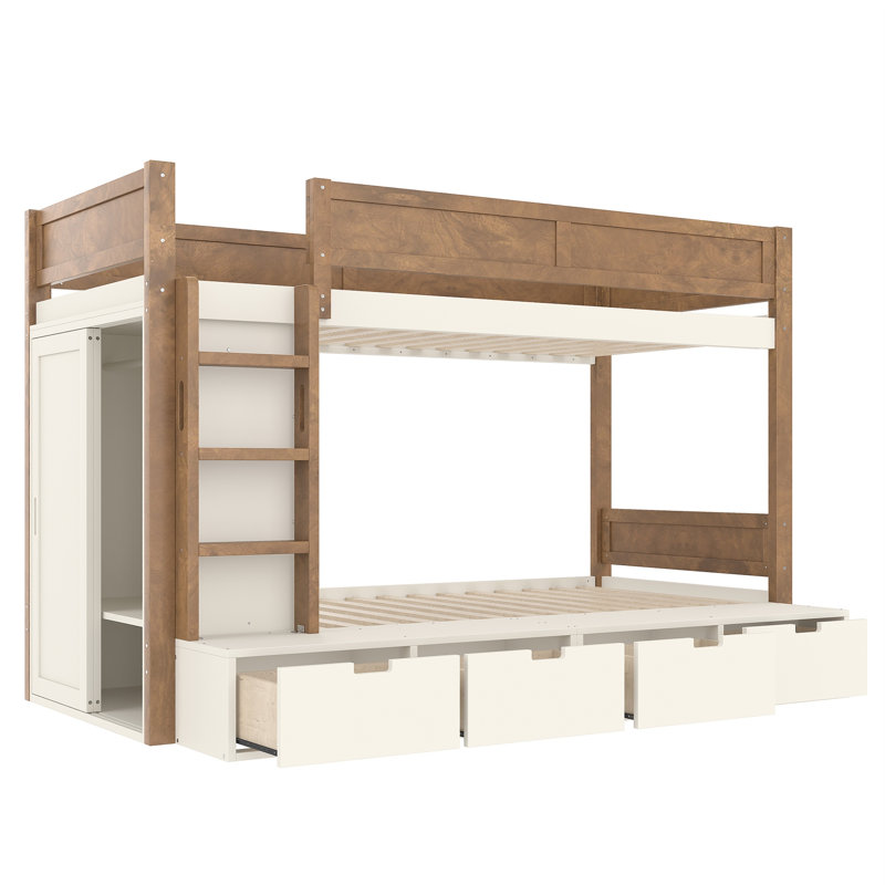 Lit superposé simple au-dessus de simple, lit superposé avec rangement multifonctionnel avec garde-robe, garde-corps et 4 tiroirs, lit superposé en bois, aucun sommier requis, cadre de lit en bois massif, lit superposé robuste pour chambre à coucher et chambre d'amis