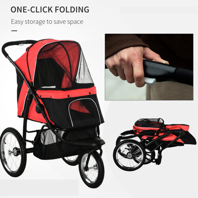 Pet Stroller For Small To Medium Dogs, Red, 3 Big Wheels, Foldable With Adjustable Shade And Storage Bin Medium-size Foldable, Canopy Comfort Air Quality, Rope, Basket, Red