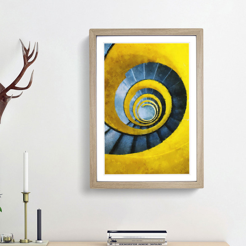Yellow Spiral Staircase - Single Picture Frame Painting on MDF, Oak Framed, 87cm H x 62cm W x 2cm D