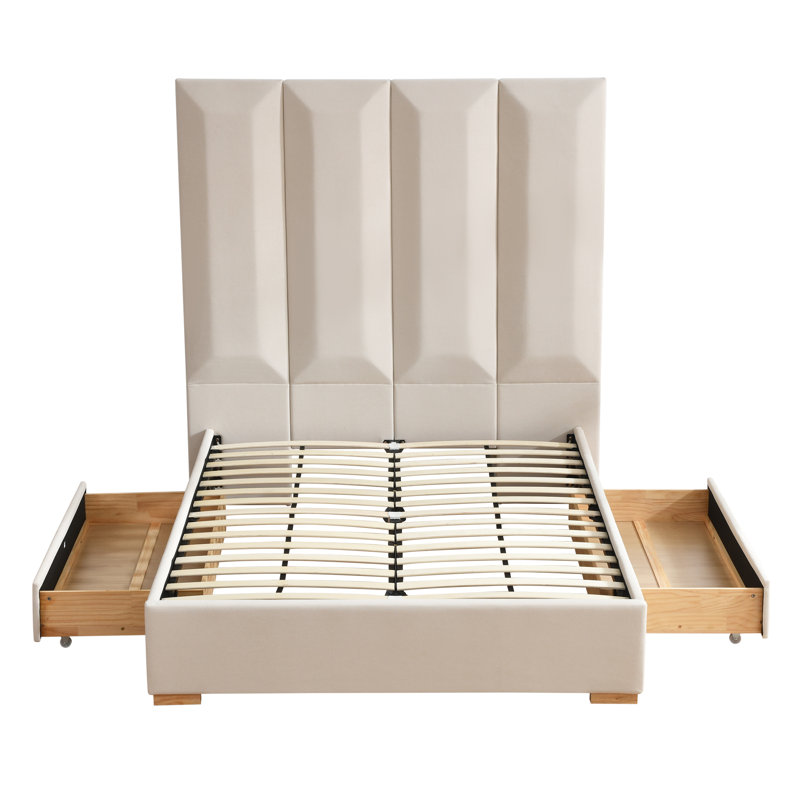 Juanetta 71.5" Tall Headboard Upholstered Platform Bed With 2 Wood Large Storage Drawers, Queen, Beige