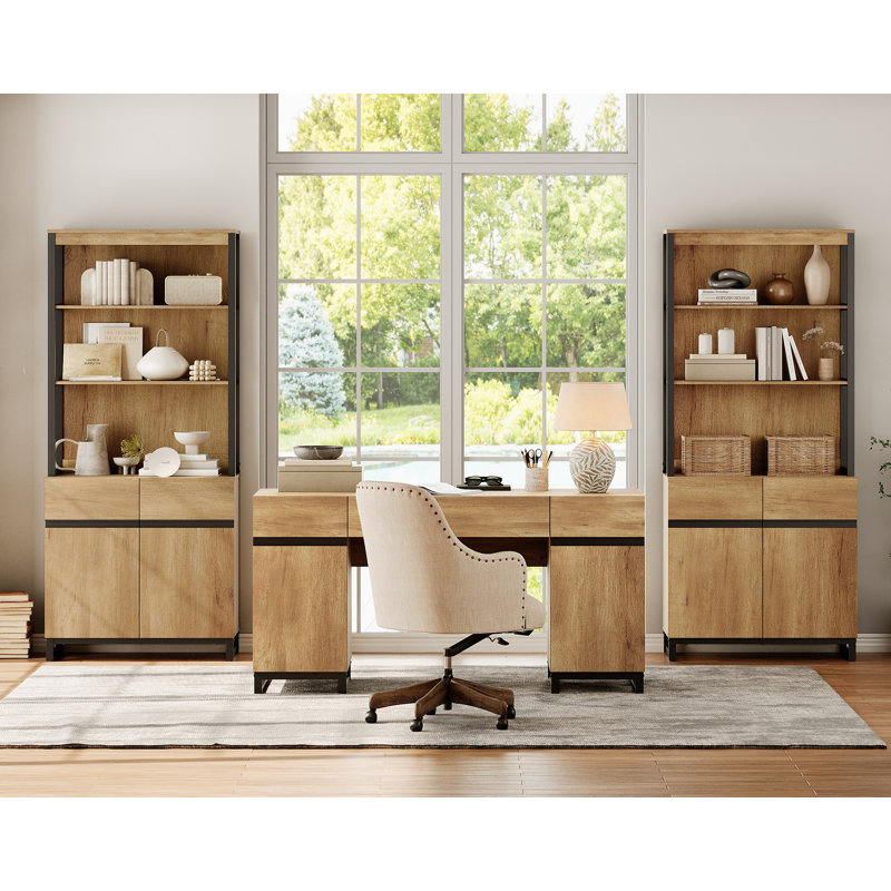 Aadam Home Office Furniture Set: 59" Modern Executive Desk With Charging Station & Storage Cabinet + 72" Tall Bookcases, Wood Computer Desk & Library Storage Shelf Cabinet For Work Study
