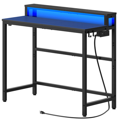 Small Computer Desk with Charging Station and LED Lights, Gaming Desk with Monitor Stand, 2-Tier Home Office Desk with 4 Side Hooks for Living Room