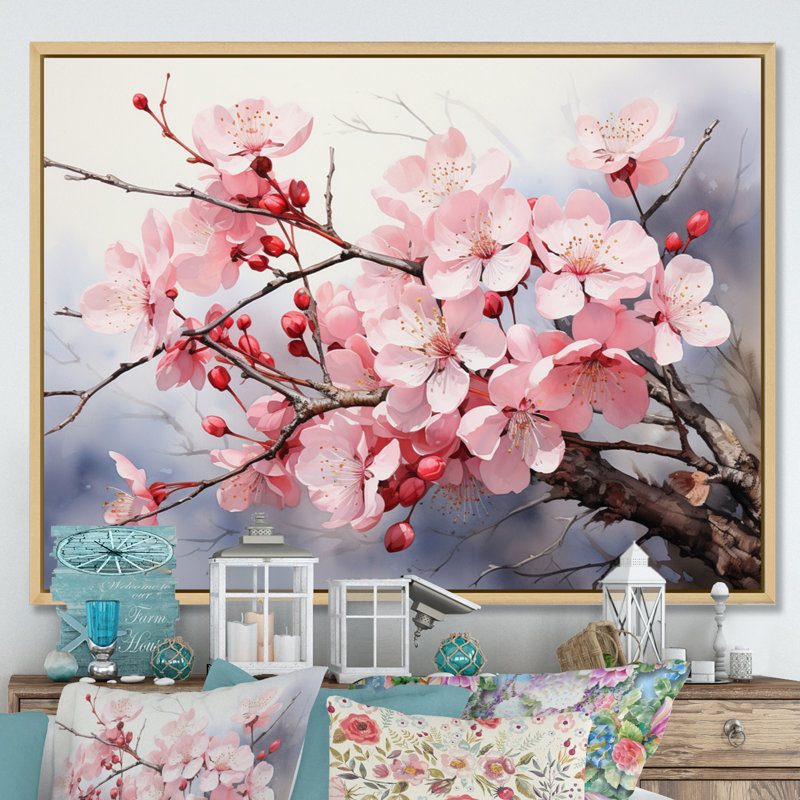 Reproduction de fleurs de cerisier en porcelaine de Chine, Toile avec cadre flottant en érable, H 34 po x l 44 po x P 1,5 po