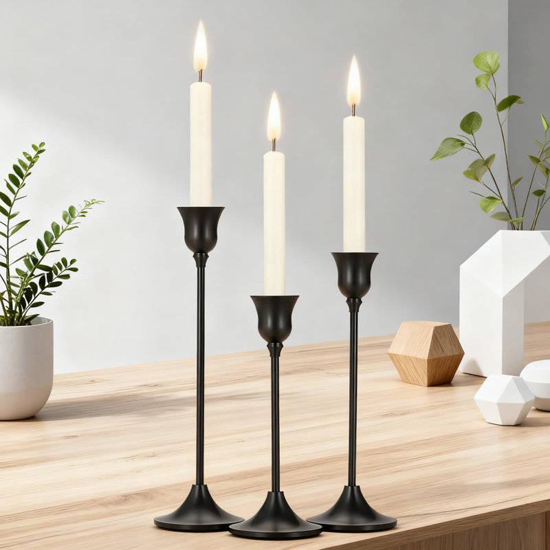 Ensemble de 3 porte-bougies vintage avec base lourde et velours antidérapant pour table de salle à manger, Noir