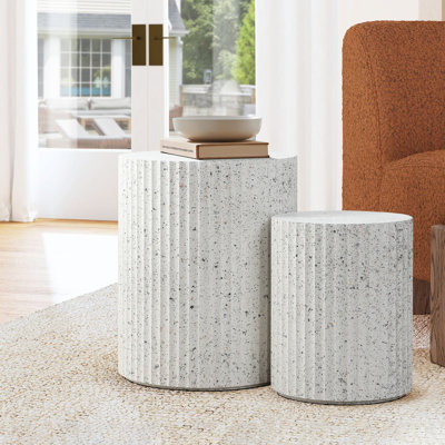 2-Piece White with Grey Flecks Manufactured Wood Nesting Side Table Set
