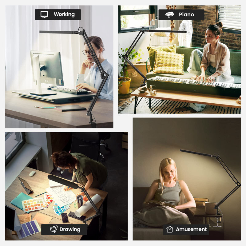 Led Desk Lamp - Desk Light For 31.5" Tall - 5 Color Modes X 11 Brightness Levels - Adjustable Swing Arm - Timmer & Memory Function - 12W Lamp For Desk - Black