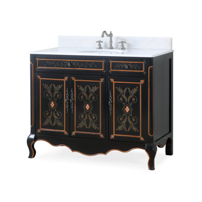 Meuble-lavabo de salle de bain Decoroso de 42 pouces, noir, dÃ©cor floral peint Ã  la main