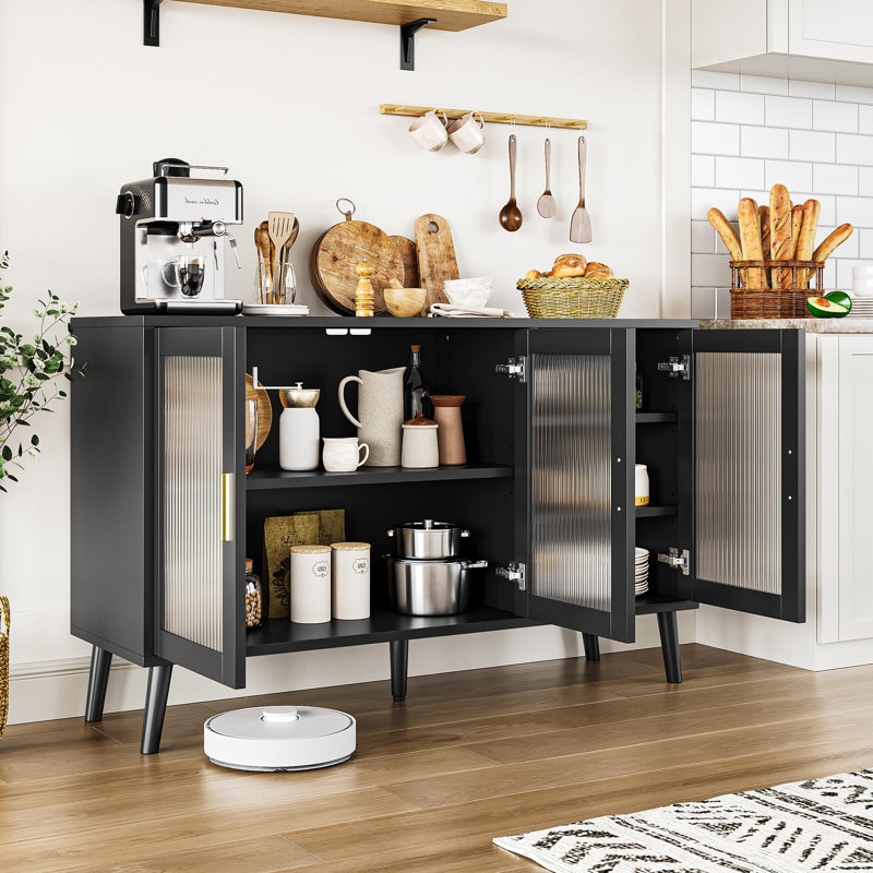 Buffet 48 "noir avec 3 portes en verre cannelé, tablettes réglables, crédence moderne