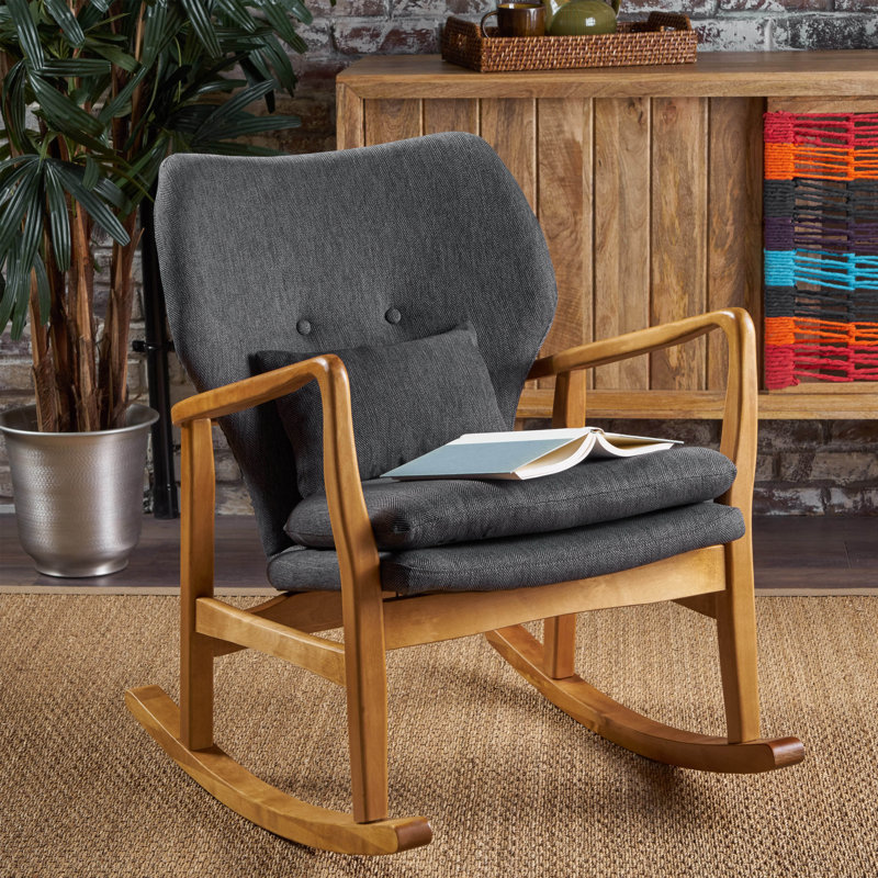Chaise berçante en bois massif avec coussin, Jaune atténué, Naturel
