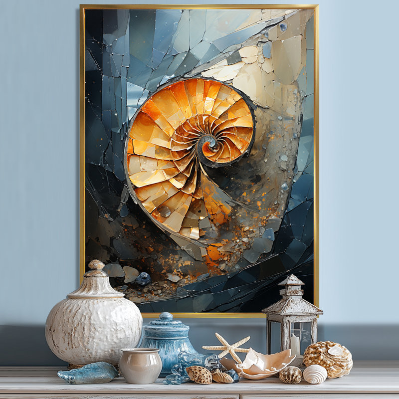 Golden Sea Sheel Spiral sur toile, H 32 po x l 24 po x P 1 po, Cadre flottant doré