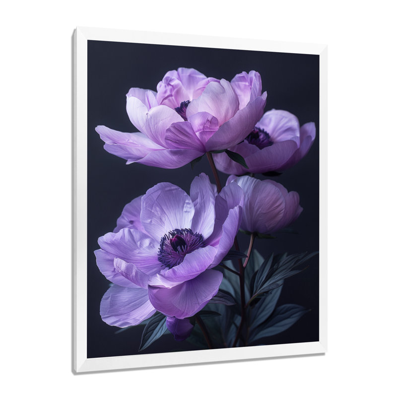 Décoration murale pivoines mauves et noires - Pivoines, Cadre blanc, H 24 po x l 32 po