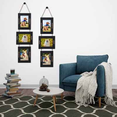 Hanging Picture Frames Rustic Solid Wood 3 Opening Picture Frame Collage Wall Mounted Set Display 4X6 Pictures With Mat Or 5X7 Without Mat (Weathered Black)