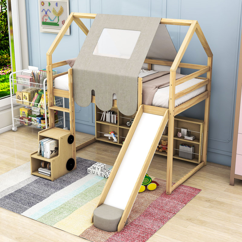 Artia Playful Loft Bed With Slide, Staircase, Natural/Beige, Twin