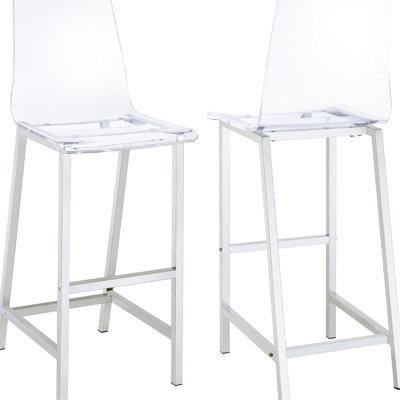 Clear And Bar Stools . Elegant Style For Any Occasion. Comfortable Foot Pedestal. 46"x21"x17 Modern Of 2. Stylish Design With Acrylic Body Base. Wide Comfort. Dimensions: 46x21x17 Inches
