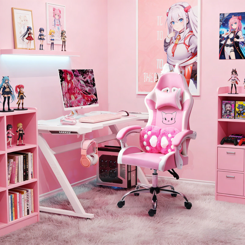 Cute Gaming Chair with Cat Paw Lumbar Cushion and Cat Ears, Ergonomic Computer Chair,Reclining PC Game Chair for Girl