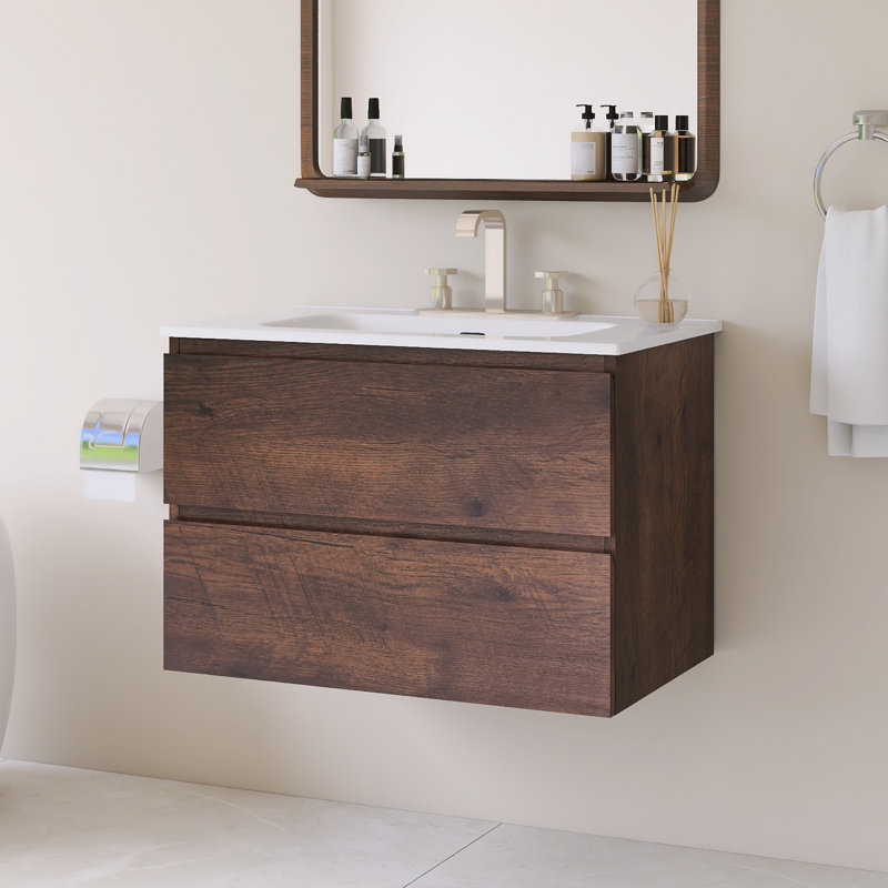 Wall Mounted Single Bathroom Vanity With White Ceramic Integrated Top, Walnut, 30"